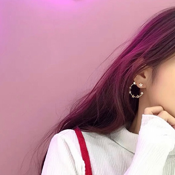 Gold Stars Hoop Earrings Silver Posts - Picture 4 of 4